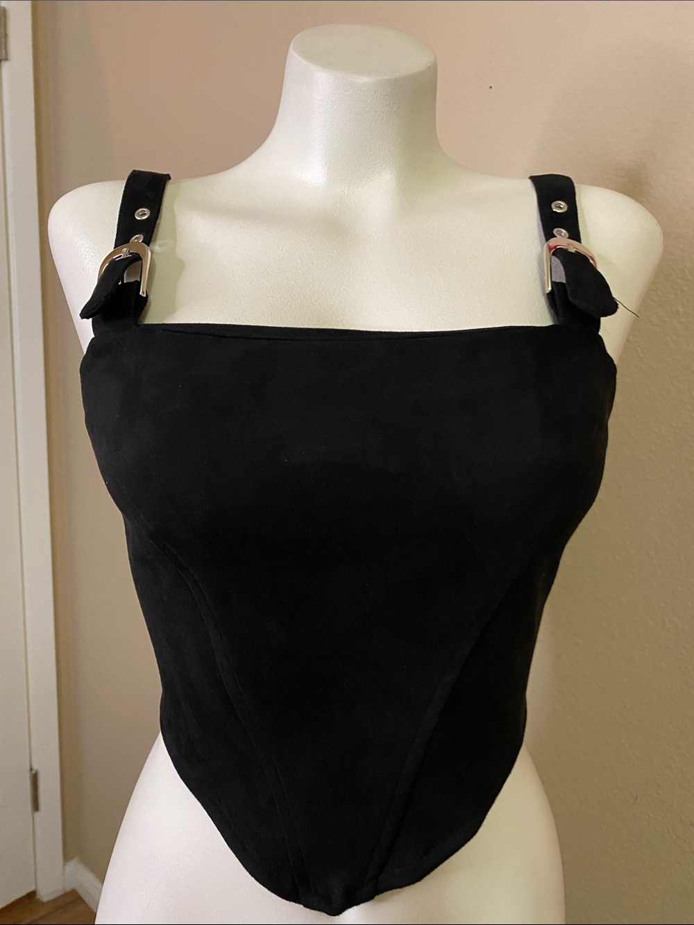 Camellia Black Suede-Look Cropped Zip Back buckle bustier Top